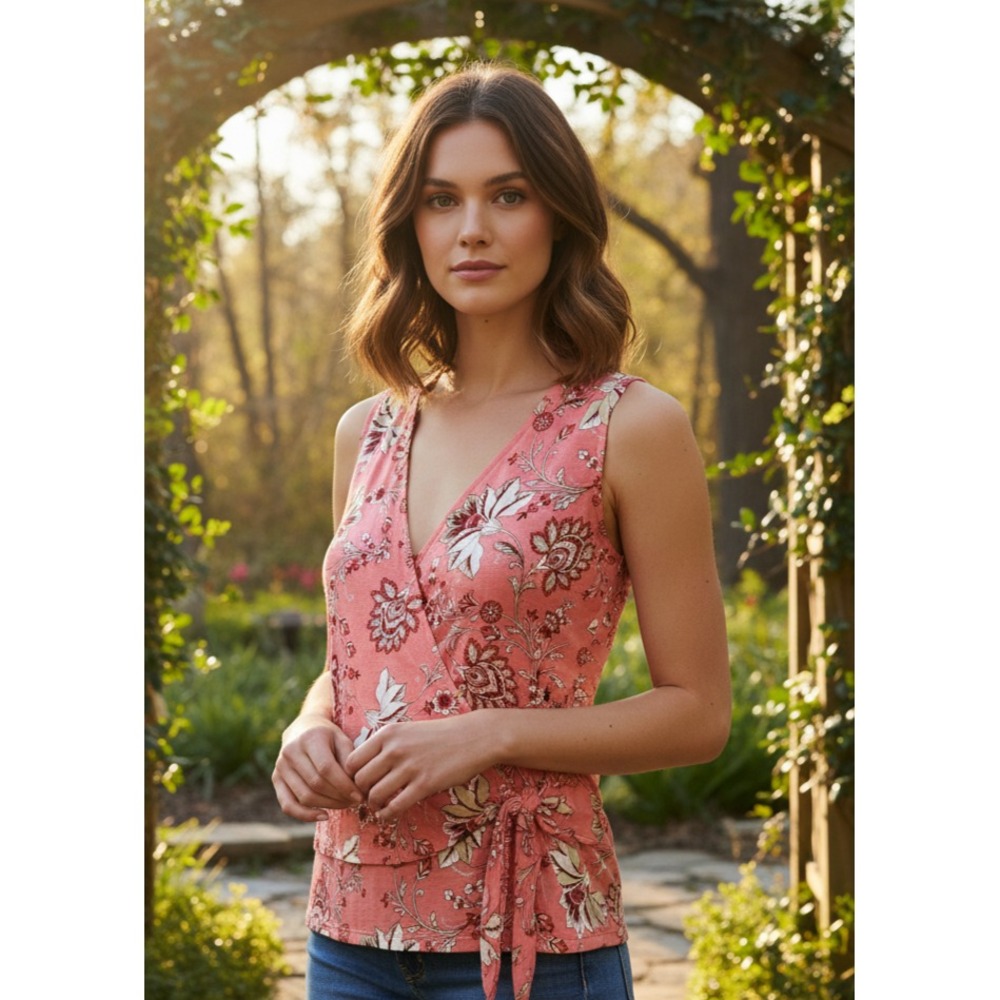 NEW Loft Top Pink Floral Knit Wrap Tie Tank Cottage Coquette Boho Bloom Size L